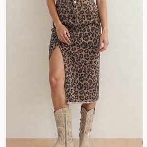 Leopard Frayed Denim Split Midi Skirt